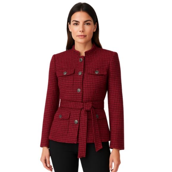 White House Black Market Tweed BlazerRed Belted Jacket NWT Size 4